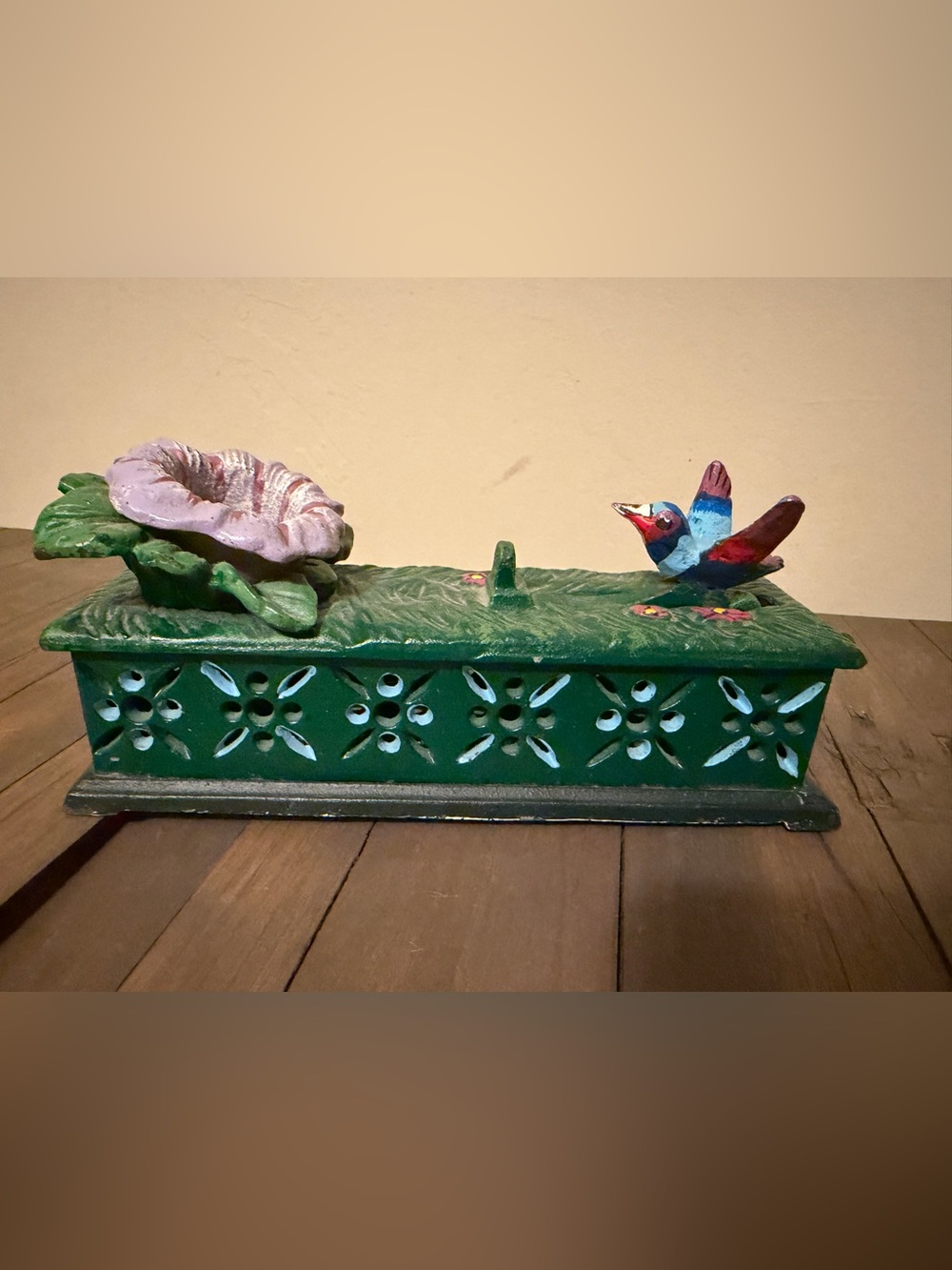 Vintage Cast-iron Mechanical Hummingbird & Flower Bank